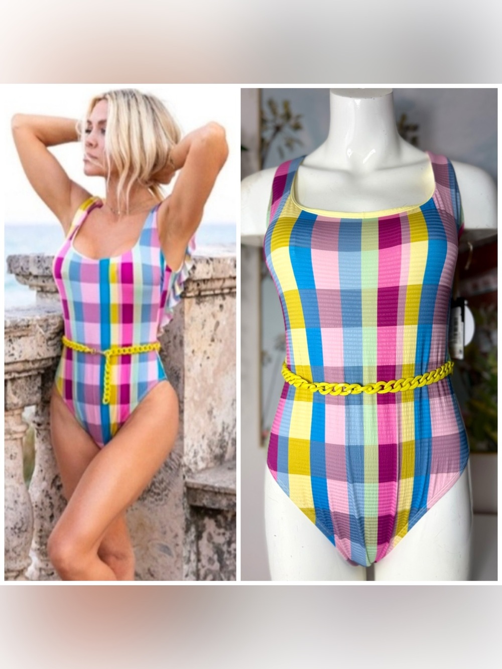 Gianni Bini x Jess Southern Multi Color Plaid Chain Belt Swimsuit Size XL NWT